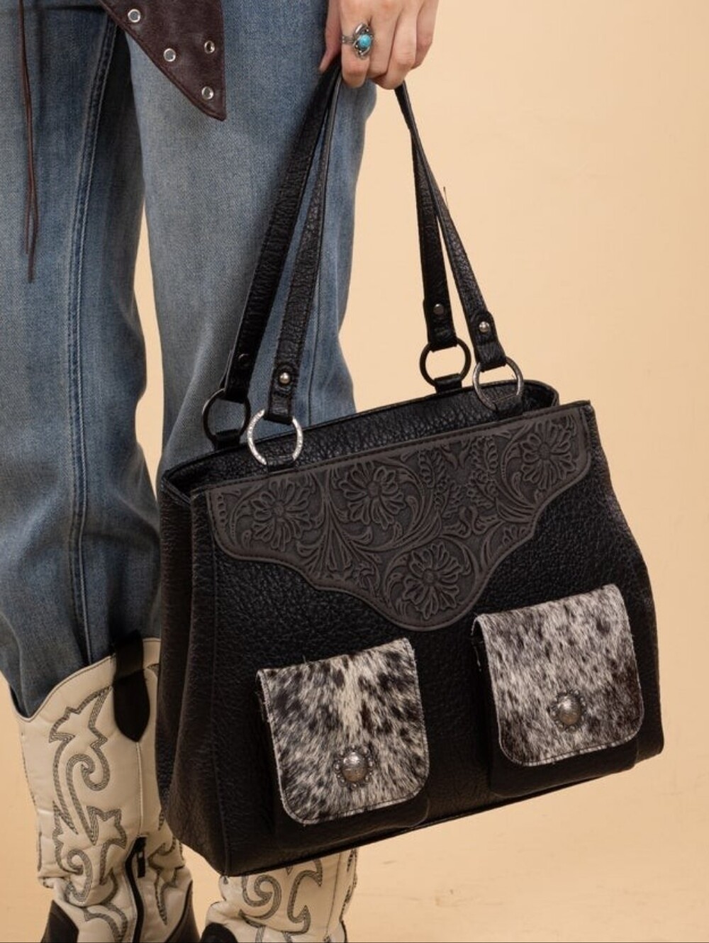 Trinity Ranch Genuine Hair-On Cowhide Tooled Collection Concealed Carry Tote NEW